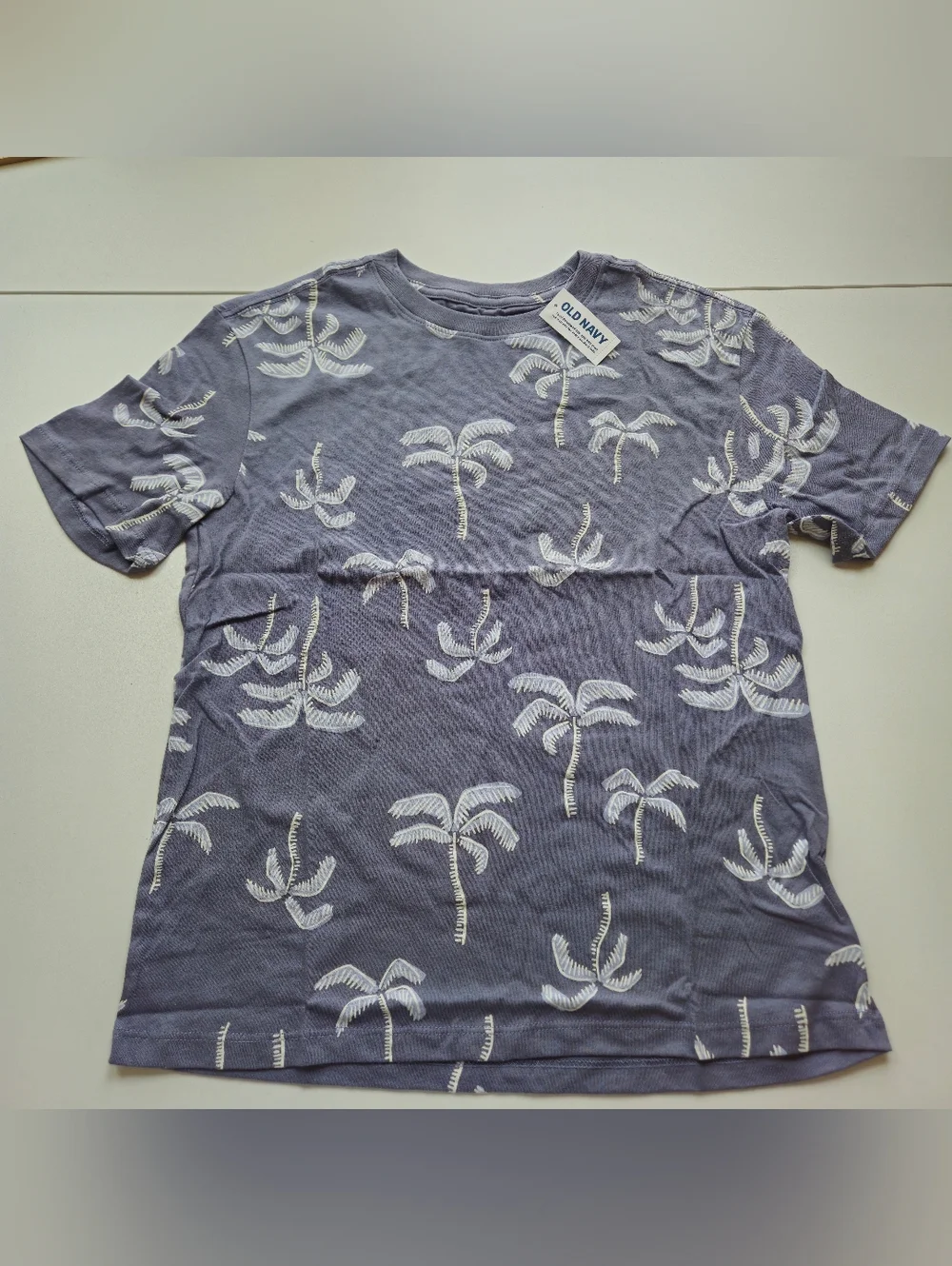 Old Navy Palm Tree Tee Dusty Blue White Short Sleeve Crewneck Vacay Beach Boys